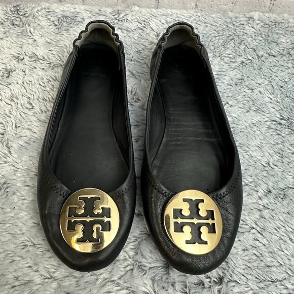 Tory Burch Shoes - Tory Burch Minnie Ballet Flats Black Leather Gold Circle Logo Size 7M Loafers